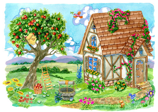 Fachwerk cottage house with apple tree, old well, garden objects and bird. Vintage country background with summer rural landscape, garden and cute house, hand painted watercolor illustration