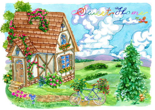 Old cottage house with bicycle, conifer and lettering against cloudy sky and field. Vintage country background with summer rural landscape, garden and cute house, watercolor illustration