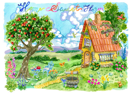Cute small house with apple tree, well, flowers and lettering against green field and clouds. Vintage country background with summer rural landscape, garden and cute house, watercolor illustration