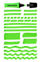 Set of highlighter brush pen hand drawn elements. Green layered hand drawings with solid lines, wavy strokes, and highlight marker sketchy rectangles. Vector illustration for school education material