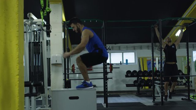 Young Man Doing Box Jump Exercise. .