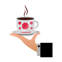 hand holding decorative flower hot coffee cup on dish vector illustration