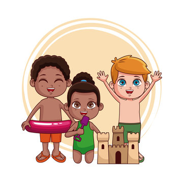 Cute kids with sand castle at beach vector illustration graphic design