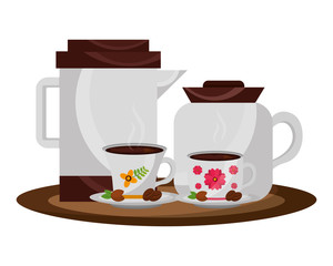 coffee maker and teapot with cups and seeds vector illustration