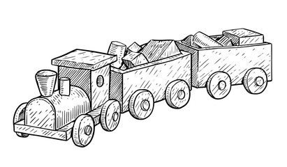 Wooden toy train illustration, drawing, engraving, ink, line art, vector