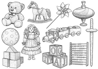 Children toy collection, illustration, drawing, engraving, ink, line art, vector