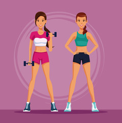 Two fitness womens with sport wear vector illustration graphic design