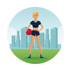 Fitness woman at city round icon cartoon vector illustration graphic design