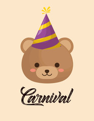 Carnival design with cute bear  with party hat over orange background, colorful design. vector illustration