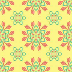Seamless pattern with floral design. Bright yellow background with pink and green flower elements