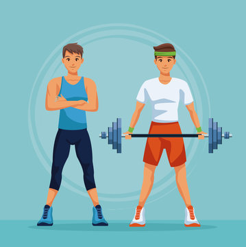 Two fitness mens with sport wear vector illustration graphic design