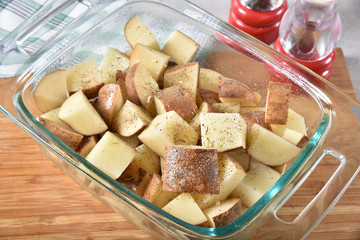 Cubed potatoes in a baking dish