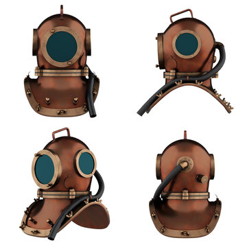 Set of Underwater diving scuba helmet. Old school and vintage style. All side view. 3D render Illustration isolated on a white background.