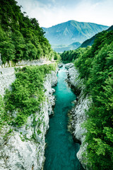 Fototapeta na wymiar Emerald and blue waters of Soca river, Slovenia