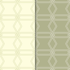 Set of geometric ornaments. Olive green seamless patterns