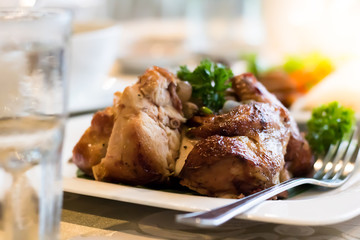 Delicious or yummy food: Chicken chop barbecue on a table for breakfast, launch or dinner. It's Thai food style.