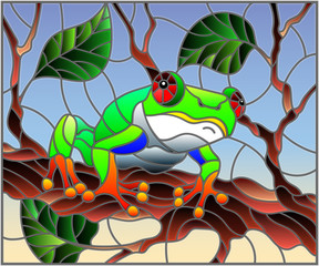 Illustration in stained glass style with bright green frog on plant branches background with leaves  on sky background