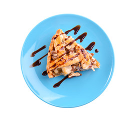 Plate with piece of tasty apple pie on white background