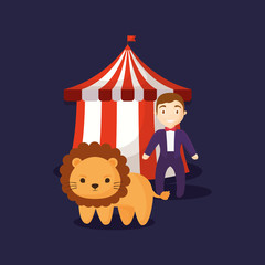 circus tent with cute lion over purple background, colorful design. vector illustration