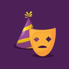 carnival design with party hat and mask over purple background, colorful design. vector illustration