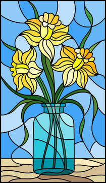 Illustration in stained glass style with still life, bouquet of yellow daffodil in a glass jar on a blue background
