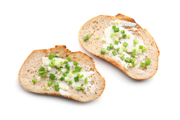 Toasted bread with onion on white background