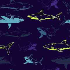 Abstract naadloos vectorpatroon voor meisjes, jongens, kleding. Creatieve achtergrond met haaien. Grappig behang voor textiel en stof. Mode stijl. Kleurrijk helder