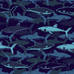 Obraz premium Abstract seamless vector pattern for girls, boys, clothes. Creative background with sharks. Funny wallpaper for textile and fabric. Fashion style. Colorful bright