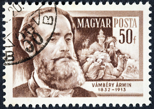A stamp printed in Hungary shows a portrait image of Vambery Armin
