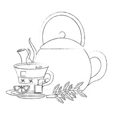 teapot tea cup with slice lemon mint branch vector illustration sketch