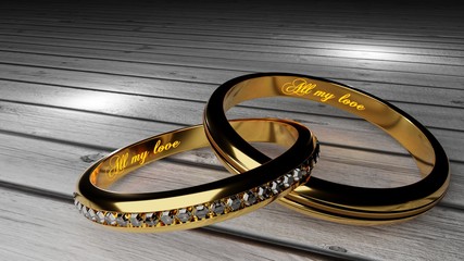 Forever love - golden wedding rings joined together forever with engraved and gloving words, 3d illustration
