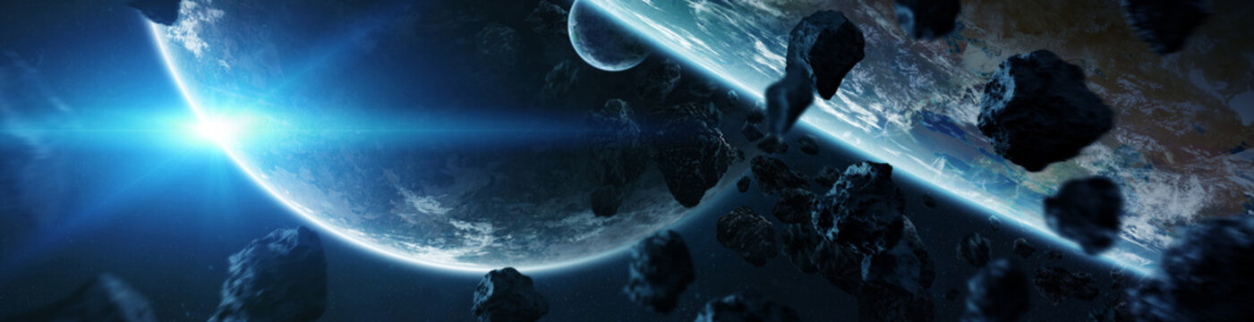 Panorama of distant planet system in space 3D rendering elements of this image furnished by NASA © sdecoret