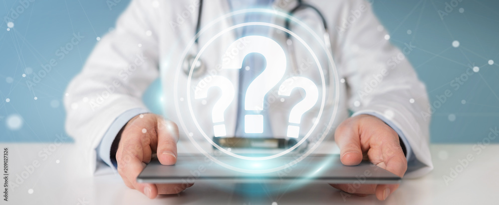 Fototapete Doctor using digital question marks interface 3D rendering