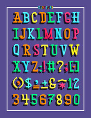 Children's font in the cartoon style cute. Set of multicolored bright letters for inscriptions. Vector illustration of an alphabet.