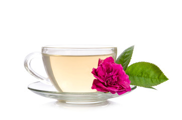 Glass cup of Tea with rose isolated on white table