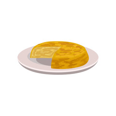 Appetizing tortilla on plate. Popular dish of Spanish cuisine. Food theme. Flat vector element for recipe book, menu or promo flyer