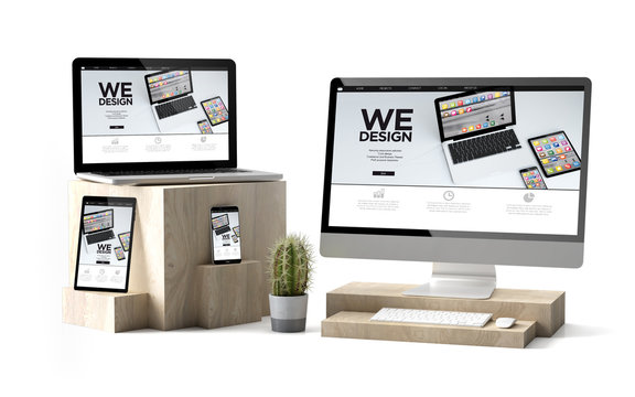 wooden cubes devices isolated technology software responsive website