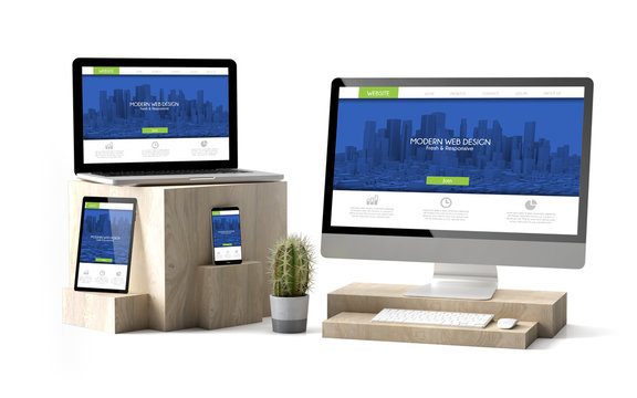 wooden cubes devices isolated modern responsive website