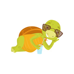 Adorable turtle in sunglasses lying. Funny green reptile relaxing and drinking refreshing beverage. Flat vector for postcard or sticker