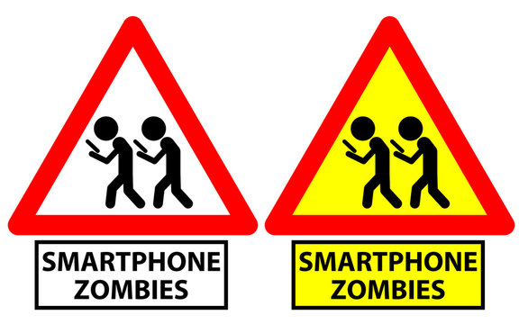 Traffic sign depicting two men walking as smartphone zombies