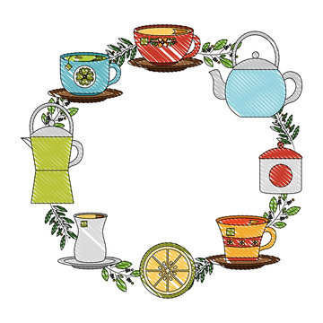 wreath herbal leaves tea cup coffee maker kettle lemon decoration vector illustration drawing