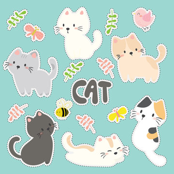 Set Of Cute Sticker With Cats Vector