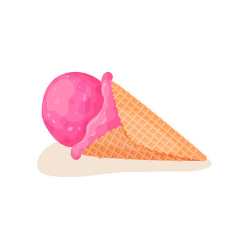 Pink ball of ice-cream in crispy waffle cone. Delicious summer dessert. Flat vector element for cafe menu, promo poster or flyer