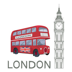 Fototapeta na wymiar Set for design on London. Great Britain. Big Ben Tower. London bus. Vector graphics to design.