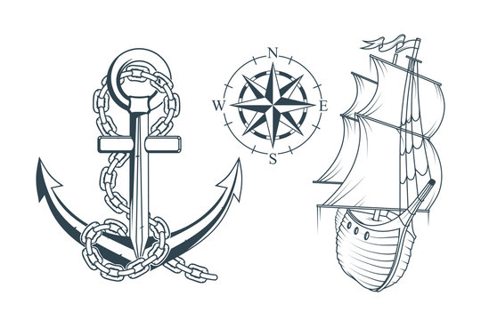 Set of different anchors for marine design. Illustration of a ship's anchor with a rope and ship. Vector graphics to design.