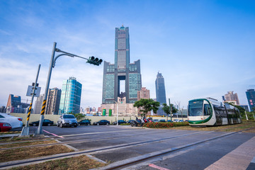 Kaohsiung City, Taiwan - June 8, 2018:light rail and 85 sky tower