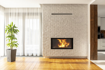 Fireplace on brick wall in bright living room interior of house with plant and windows. Real photo