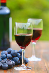 Two glasses Red Wine with wine bottle and fresh grapes on wooden table, defocused green outdoors background 5