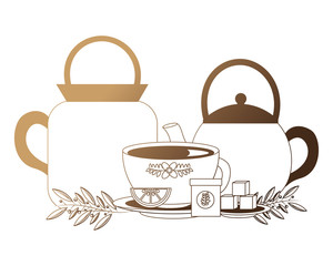 set teapots with cup and leaves isolated icon vector illustration design