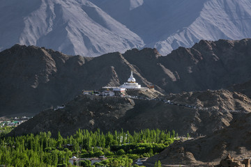 Shanti Stupa also known as Peace Pagoda on hilltop of Chanspa, Leh city, Ladakh, India.
